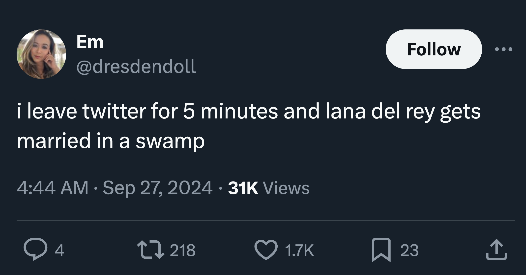 screenshot - Em i leave twitter for 5 minutes and lana del rey gets married in a swamp 31K Views > 4 7 218 23